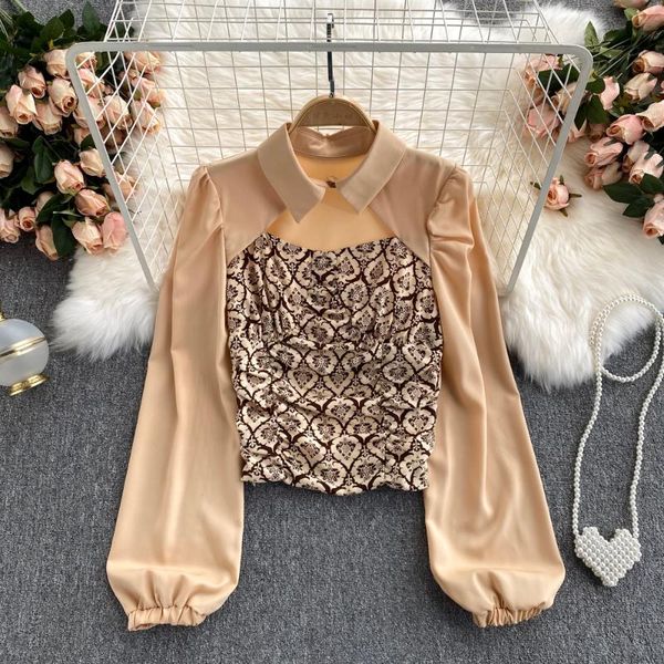 

women's blouses & shirts turn-down collar shirt hollow out folds lantern sleeve women 2021 autumn fashion pullover, White