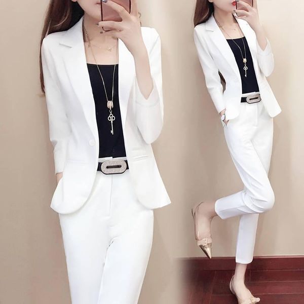 

women's two piece pants women blazer and pencil sets pieces single breasted jacket solid color formal suit trousers 2021 spring autumn, White