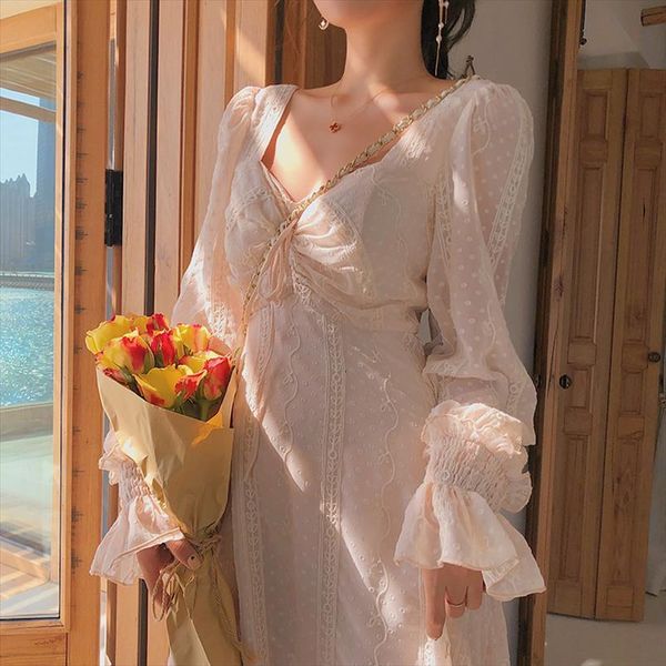 

vintage fairy elegant designer chiffon womens dress long sleeve french party midi casual clothing spring, Black;gray