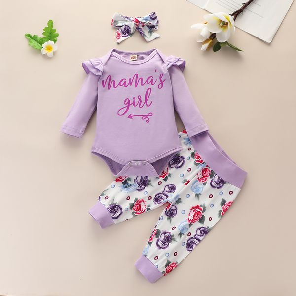 

2021 new design 65 styles baby girls boy 3 piece sets flowers print romper + pant headband infant kids clothing set, White