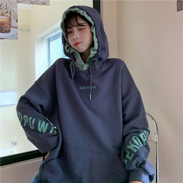 

2021 college style new loose letter print hooded drawstring autumn personality fashion sweatshirt uwzh, Black