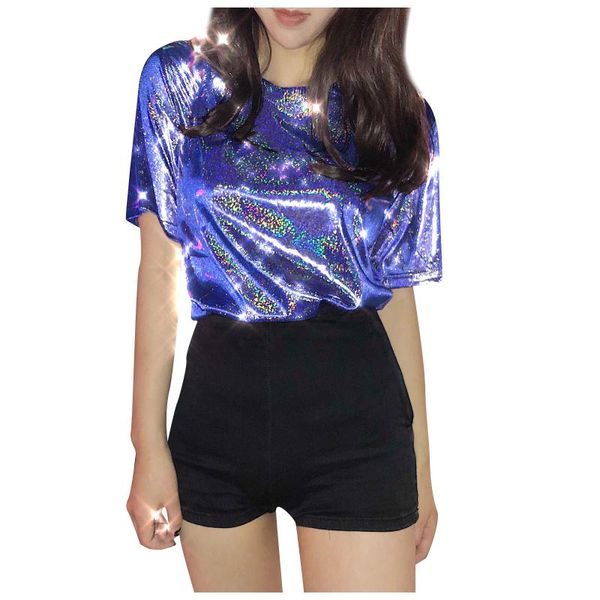 

women's t-shirt women summer casual bright silk o-neck solid shiny loose short sleeve 5 colors club harajuku tshirt, White