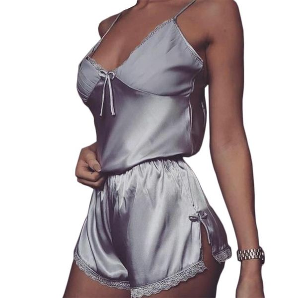 

women summer lingerie set lace pajamas sleepwear sleeveless spaghetti strap pyjamas satin cami shorts pajamas sets nightwear, Black;red