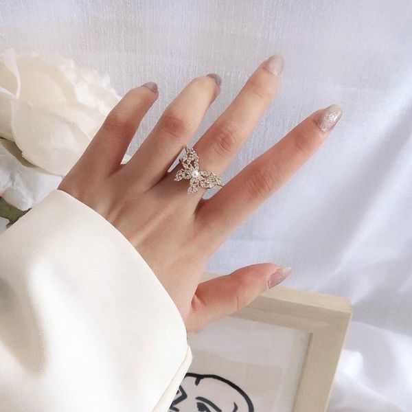 

stud mihan delicate jewelry beautiful butterfly rings pretty design simulated pearl zircon ring for women gifts, Golden;silver