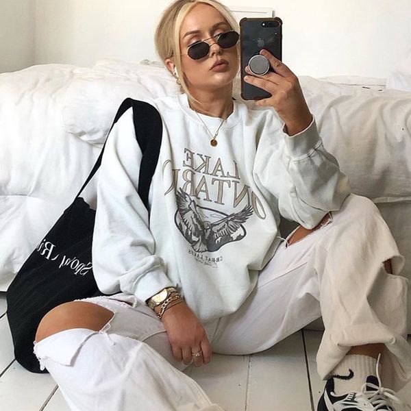 

2021 new bege letter vintage printed quality crewneck women's sweatpants oversized winter clothes casual streetwear ecro, Black