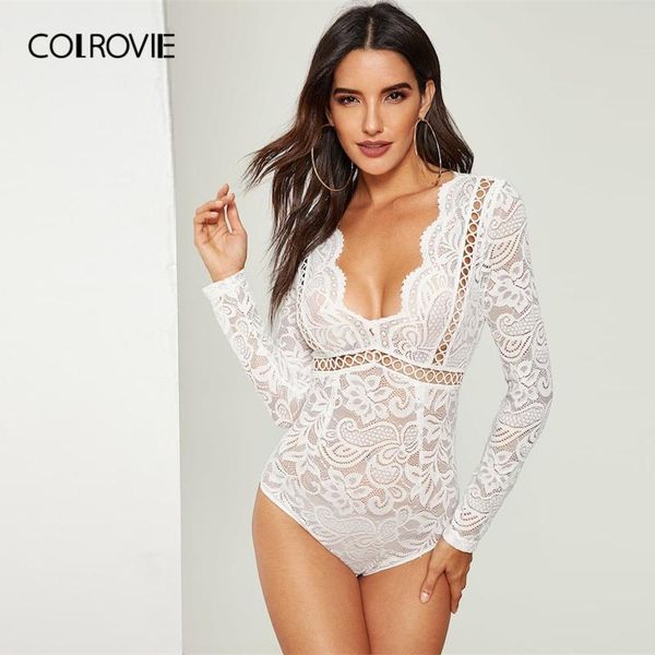 

women's jumpsuits & rompers colrovie white v-neck scalloped lace skinny bodysuit women 2021 fashion long sleeve elegant ladies bodysuit, Black;white