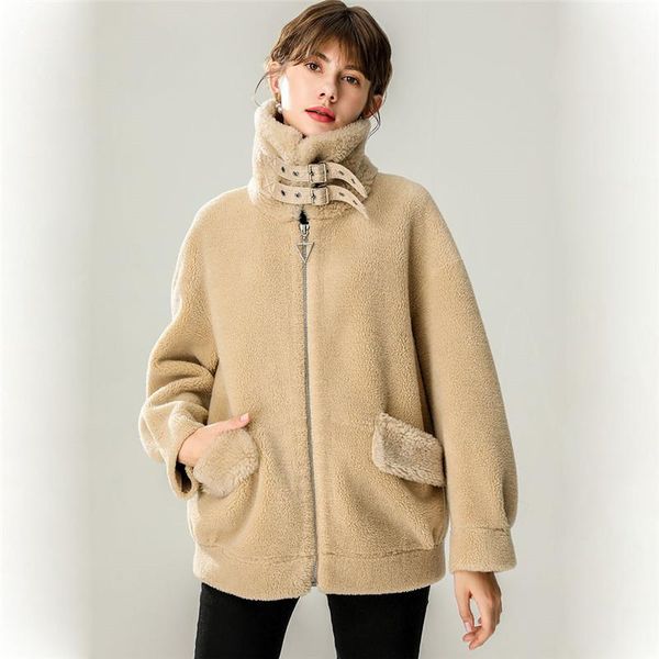 

women's fur & faux off season clearing grain sheep shearing coat one european station lamb wool short cashmere, Black