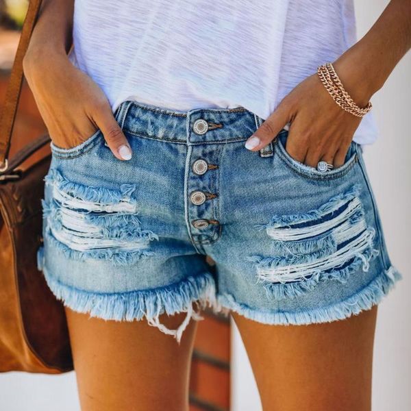 

women's shorts women high waist stylish ripped hole single-breasted tassel denim casual loose jeans fashion slim streetwear, White;black