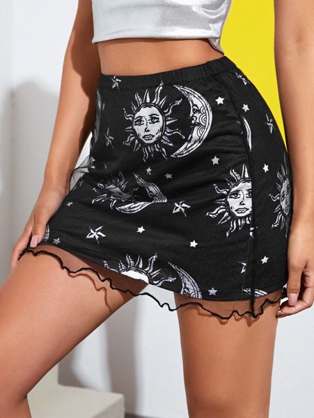 

galaxy print contrast mesh mini skirt 80hg#, Black