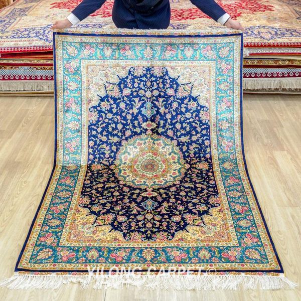 

carpets 4'x6' handmade persian blue rugs exquisite turkish silk carpet (tj216a)