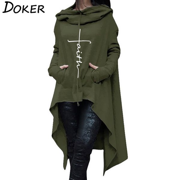 

2021 new faith letter embroidered hoodies women long sleeve irregular hem pocket sweatshirt female plus size pullover saiw, Black