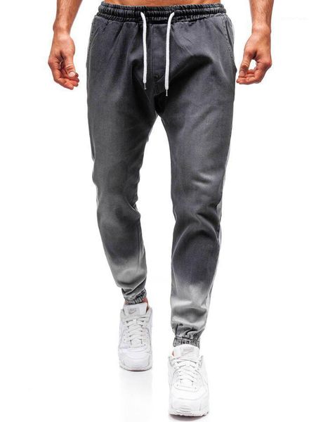 

men's jeans trousers male stripe washing men pants casual sports beam feet denim autumn gray blue