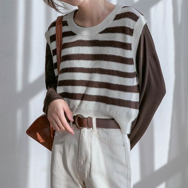 

2021 loose striped cropped sweaters vest multi wear women o-neck casual office lady autumn new korean fashion street 9gd1, White;black
