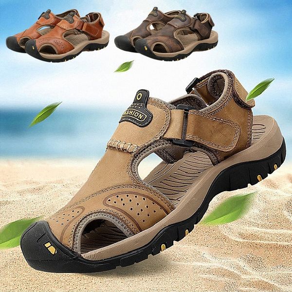 

tantu men sandals 2019 summer breathable leisure sandals shoes male light genuine leather flip flops comfortable beach shoes 64nw#, Black