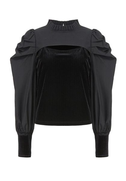 

women's trench coats puff sleeve pleated neck cutout top, Tan;black