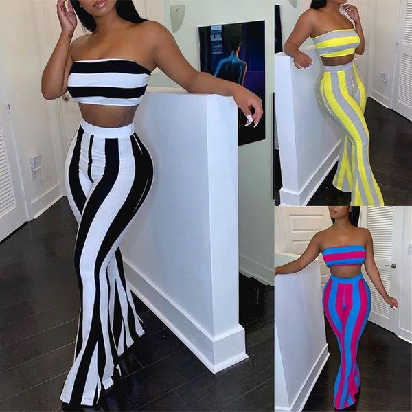 

women's pants & capris 2021 women striped 2 piece set outfits crop two pieces sets summer clothes for female suit, Black;white