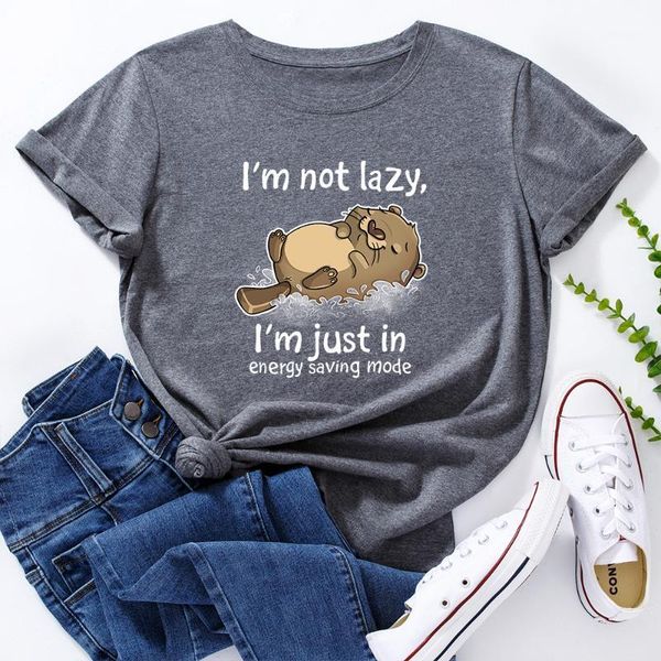 

women's t-shirt women cotton t-shirts graphic tee female summer short sleeve tees cute animal bear i' not lazy letter print funn, White
