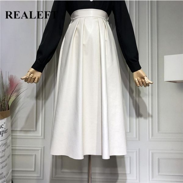 

realeft autumn winter pu faxu leather vintage women's mi-long skirts high waist umbrella a-line black female 211214