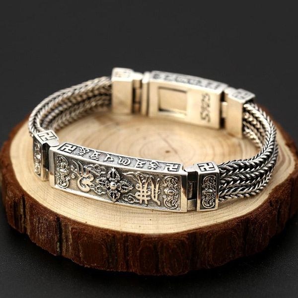 

link, chain real 100% 925 sterling silver braided woven six words vajry bracelet tibetan mantra width 13mm men bracelets thai jewelry, Black