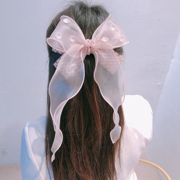 

hair accessories korean pink fabric chiffon bow hairpin spring clip pearl clips ponytail holder hairgrips for women girls