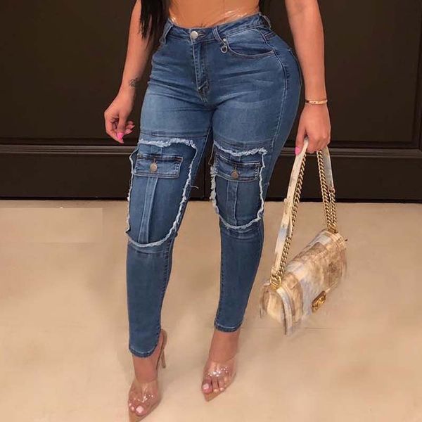 

women's destroyed ripped jeans high waist slim denim long pants elastic hole boyfriend jeans solid trousers pantalon mujer, Blue