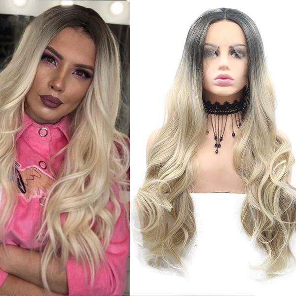 

synthetic wigs cosplay frontal honey ash dark roots blonde ombre lace front wig with light curly body water wave for black women