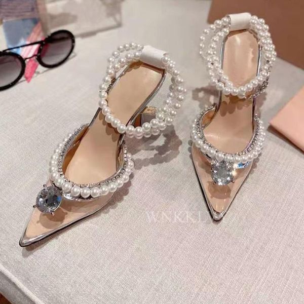 

dress shoes 2021 spring summer thin high heels sandals women crystal pearl chain decor pumps luxury sandalias wedding, Black