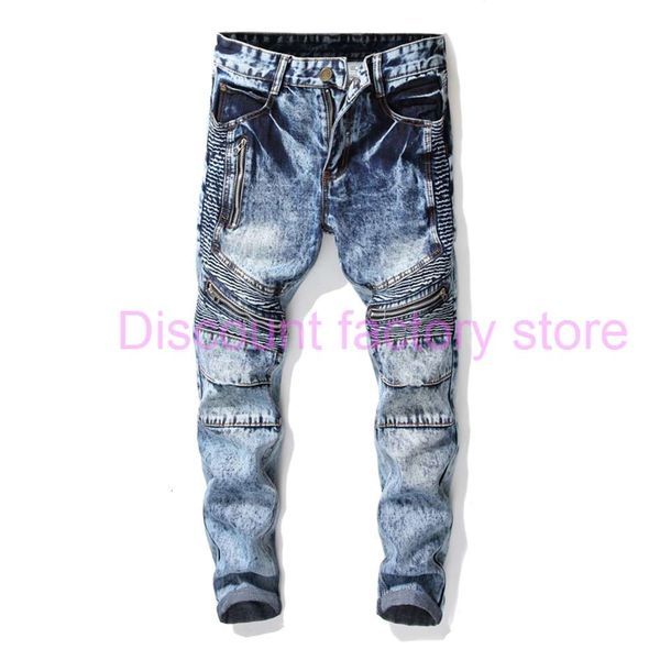 

vintage mens fold zipper stretch jeans fashion designer panelled slim fit motorcycle biker hip hop straight leg denim pants 009, Blue