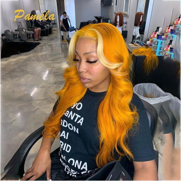 

lace wigs ginger human hair wig 13x6x2 front highlights 30 inch body wave 613 blonde, Black;brown