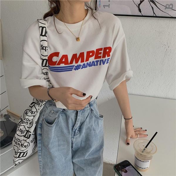 

women's t-shirt letter print medium length meat covered and thin round neck loose short sleeve wear, White