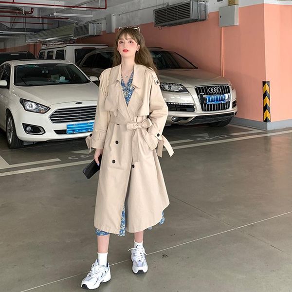 

women's trench coats windbreaker korean style coat button long for women bow sashes autumn solid fashion, Tan;black