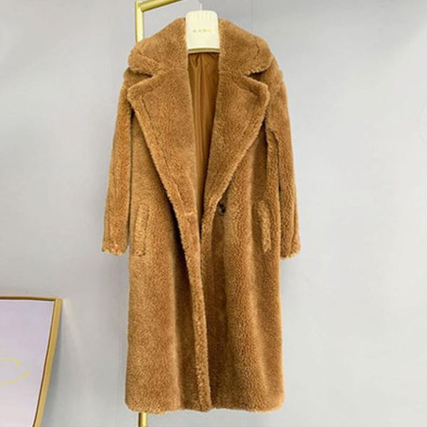 

women's fur & faux oversized real lamb teddy coat winter thicken warm genuine sheep shealing outerwear with big lapel collar, Black