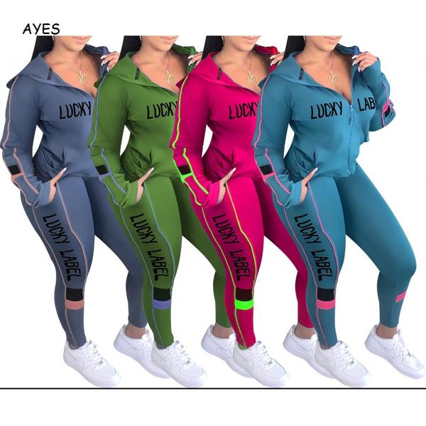 

women's two piece pants lucky letters fitness sport suit woman seamless tracksuits zipper yogawear slim pant workout running set leggi, White