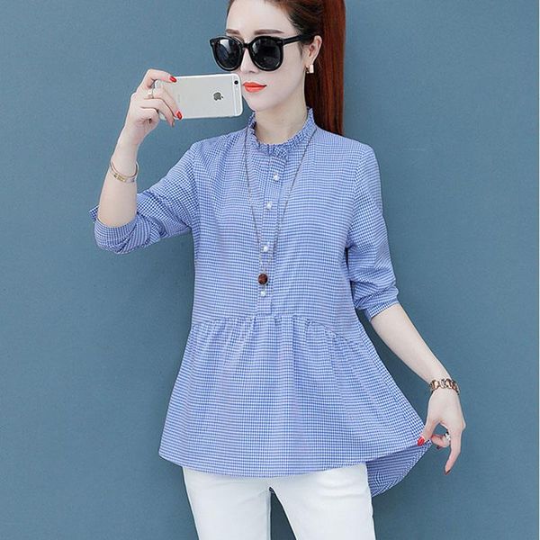 

women's blouses & shirts spring basic women fashion long sleeve casual ruffled cute peplum belly design plaid shirt blue df2388, White