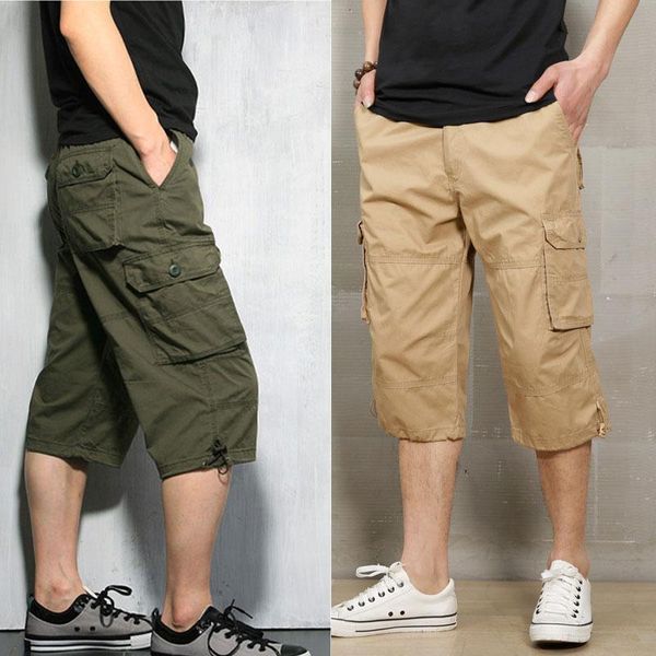 

summer mens capri pants cotton baggy cargo shorts adults teenagers multi-pocket capris outdoor leisure sports bermudas plus size, Brown;gray