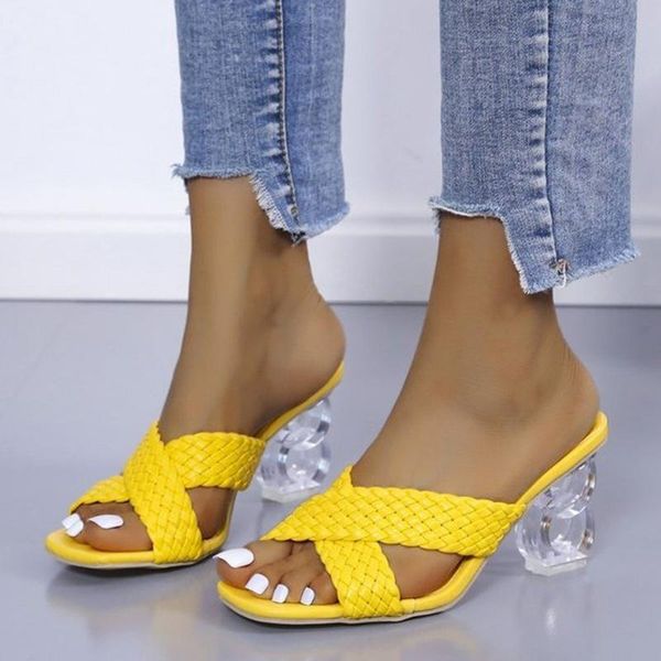 

slippers vogue transparent strange high heels sandals women summer plus size weave female fashion yellow open toe slides, Black