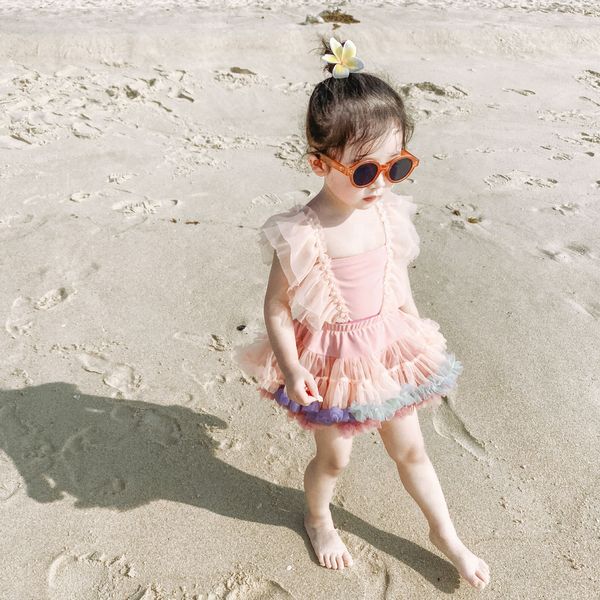 

pearl children's cartoon cute light pink mesh crossover new swimsuit, White;black