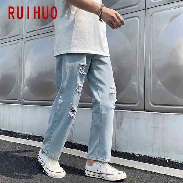 Ruihuo Лодыжка-длина разорванные джинсы Корейские моды мужчины джинсы большие случайный человек джинс мешковатый M-3XL 2021 осень новых поступлений G0104