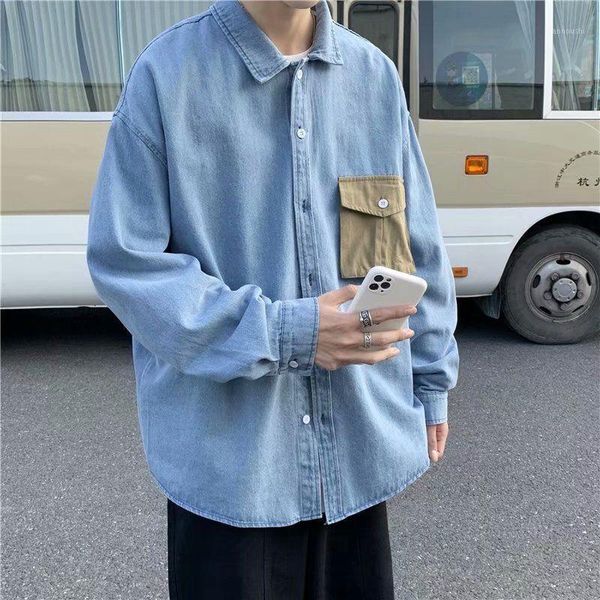 

men's casual shirts 2021 spring and autumn youth loose port style color matching pocket denim long-sleeved shirt fashion top, White;black