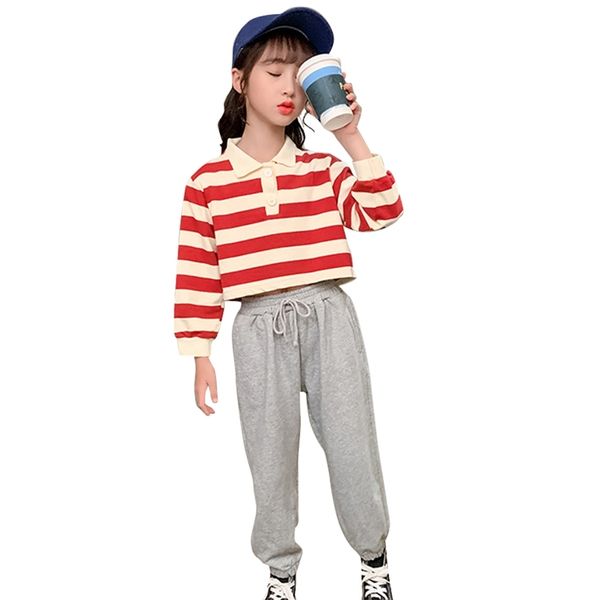 

girls sport clothes striped pattern for sweatshirt + pants costumes autumn winter children's tracksuits 210528, White
