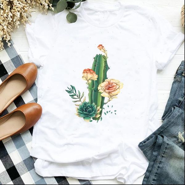 

women lady plant cactus korean flower cartoon print short sleeve t tee womens female shirt clothes graphic t shirt, White