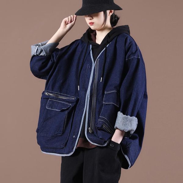 

new female korean style loose large size literary zipper multi-pocket washed denim short jacket, Black;brown
