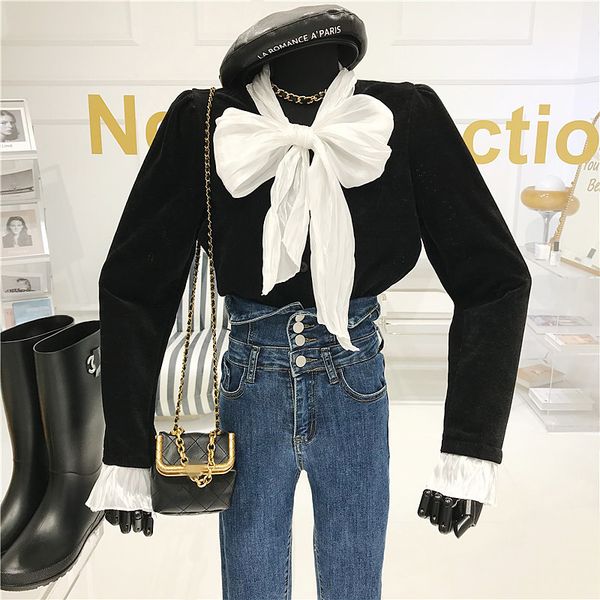 

bubble bow sleeves sweet female shirt winter versatile design 4wbj, White