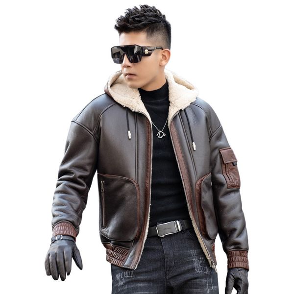 

2021 men winter casual coat hooded leather jacket with fur motorcycle biker jackets thickening warm windbreakers zipper real woollen furs, Black