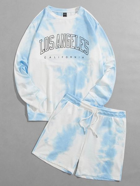 

men tie dye letter graphic pullover & drawstring waist shorts a1yj#, Gray