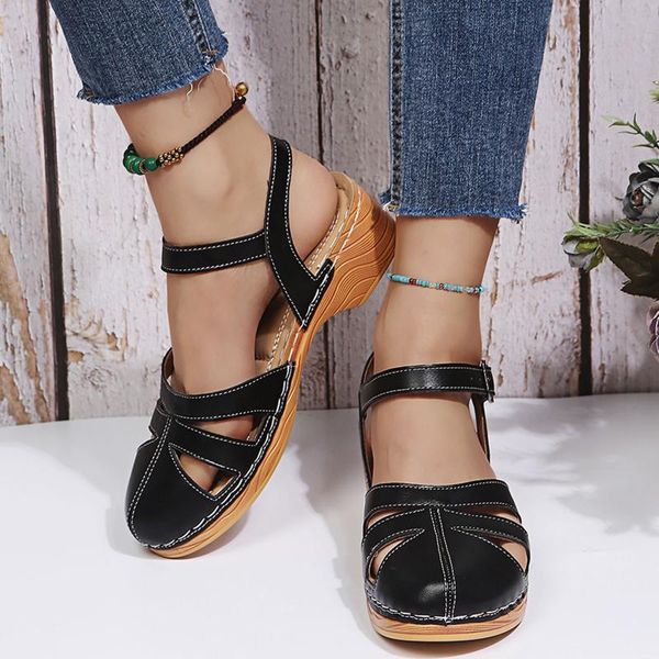 

sandals summer women t strap mid heels platform gladiator ladies shoes black closed toe beach sandalias mujer 26#