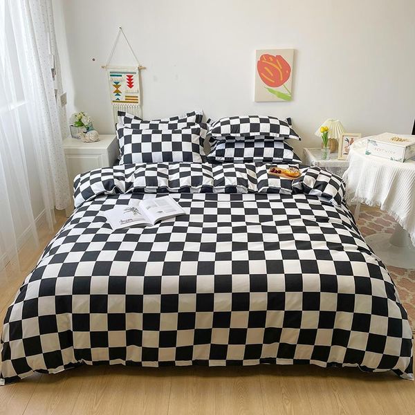 

bedding sets fashion black and white plaid print style 3/4pcs set kid bed linings duvet cover sheet pillowcase home textile