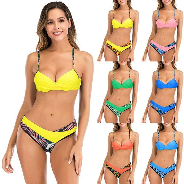 

women's swimwear 2021 hard pack gathered candy color printing split four swimsuit bikini, White;black