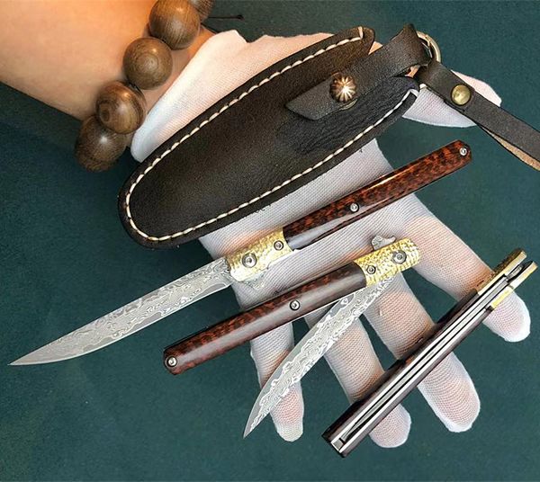 Coltello pieghevole flipper di alta qualità VG10 Damasco in acciaio a goccia in acciaio Punto di goccia Blade Snake Wood + acciai inossidabili + manico testa di rame Cuscinetti a sfere Cuscinetti EDC con guaina in pelle