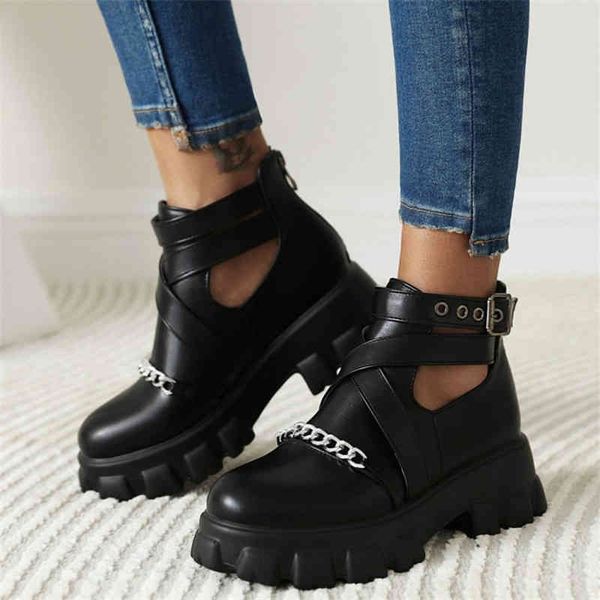 

dress shoes pxelena metal chain buckle spring fall women punk gothic combat ankle boots chunky platform high heels motorcycle 43 ypg0, Black